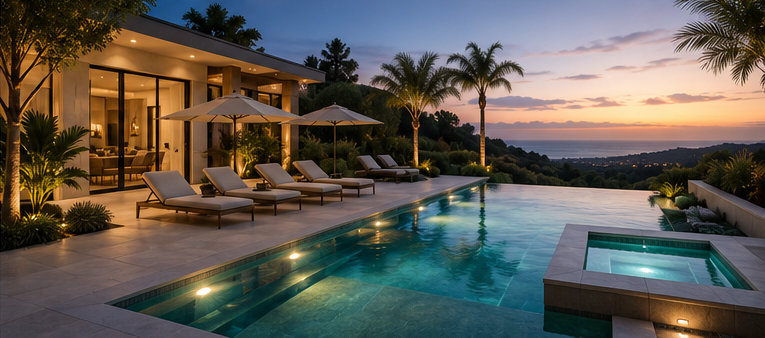 Luxury backyard with a swimming pool, lounge chairs with umbrellas, palm trees, and a view of a sunset over the ocean.