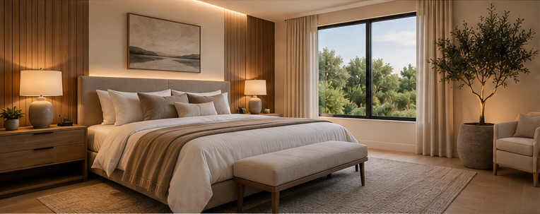 A modern bedroom with a large bed, nightstands with lamps, a window overlooking trees, and a sitting area with a white armchair and potted plant.