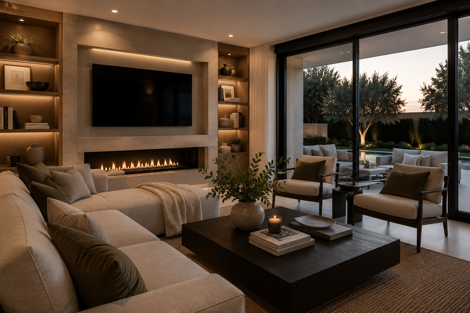 Living room with beige sofa, armchairs, a modern fireplace, a wall-mounted TV, a large sliding glass door opening to an outdoor patio with seating, and a view of trees at dusk.