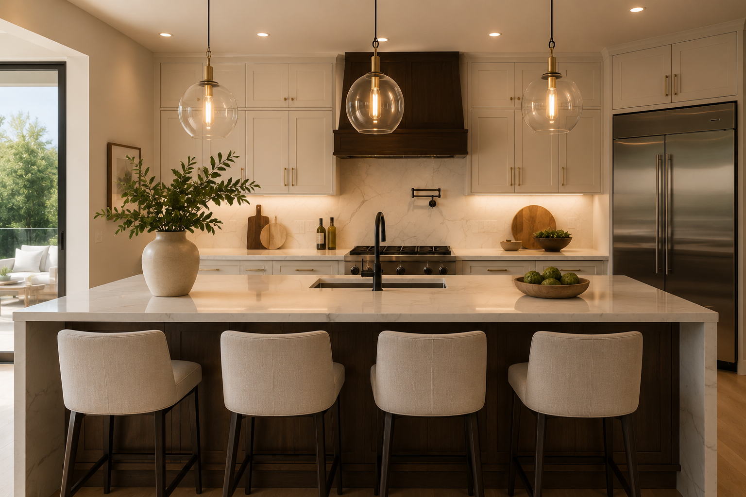 Modern kitchen with white cabinetry, a marble backsplash, and a kitchen island with four beige chairs. Three glass pendant lights hang above the island. There is a large vase with greenery on the island, and a bowl of green fruit. Stainless steel appliances and a sliding glass door are visible.