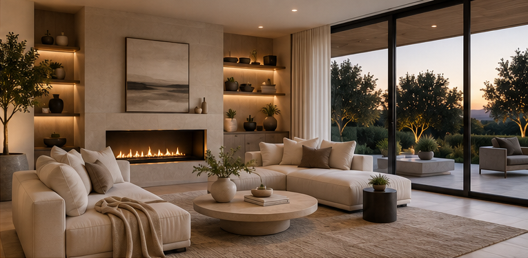 Modern living room with white sofas, a stone fireplace, built-in shelves with decor, a large round coffee table, and sliding glass doors opening to an outdoor patio with trees at sunset.