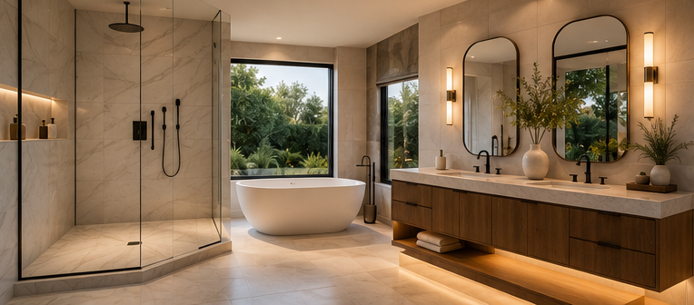 Modern bathroom with a walk-in shower, freestanding bathtub, double vanity with two mirrors, elegant lighting, and large windows showing greenery outside.