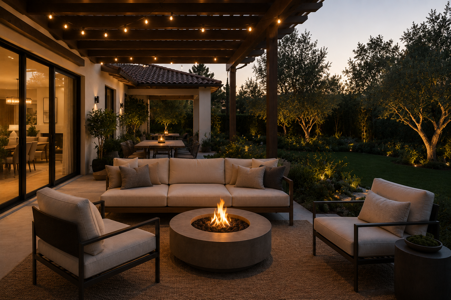 Outdoor patio with a fireplace, beige sofa, and armchairs, illuminated by string lights and surrounded by trees and greenery at dusk.