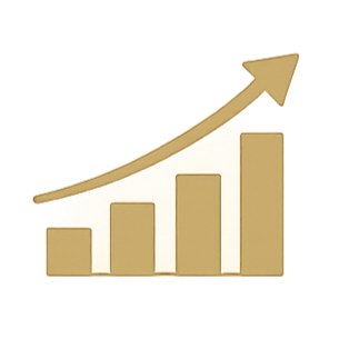 A rising bar graph with an upward arrow indicating growth or increase, illustrating "Long-Term Value Focus".