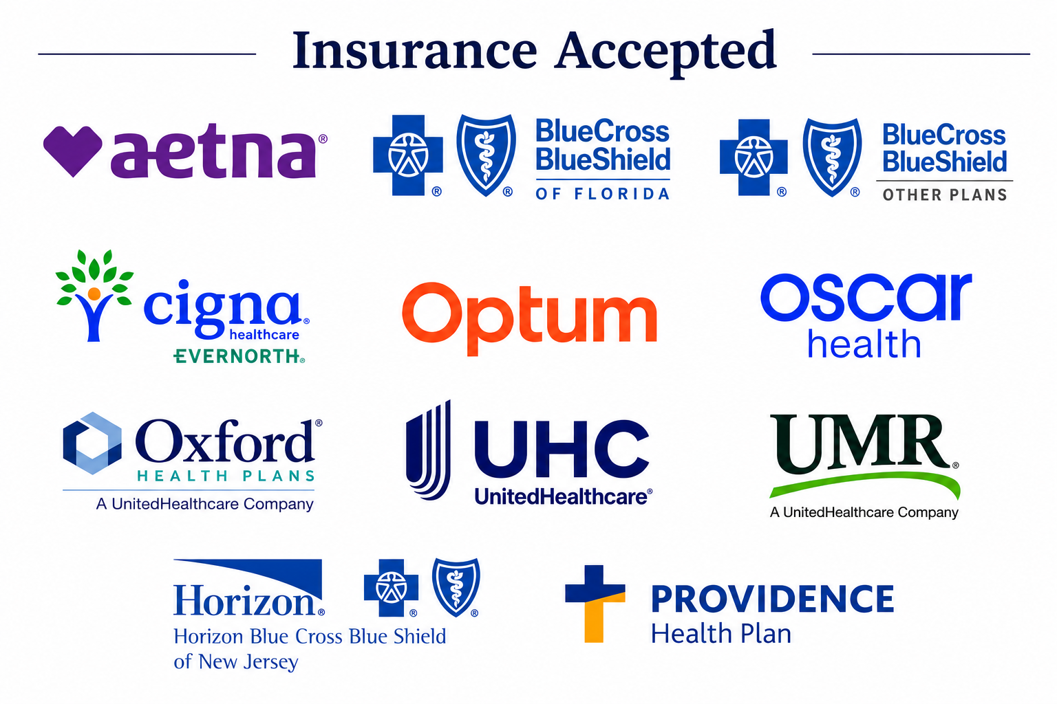 A collection of health insurance provider logos with the text at the top reading 'Insurance Accepted'