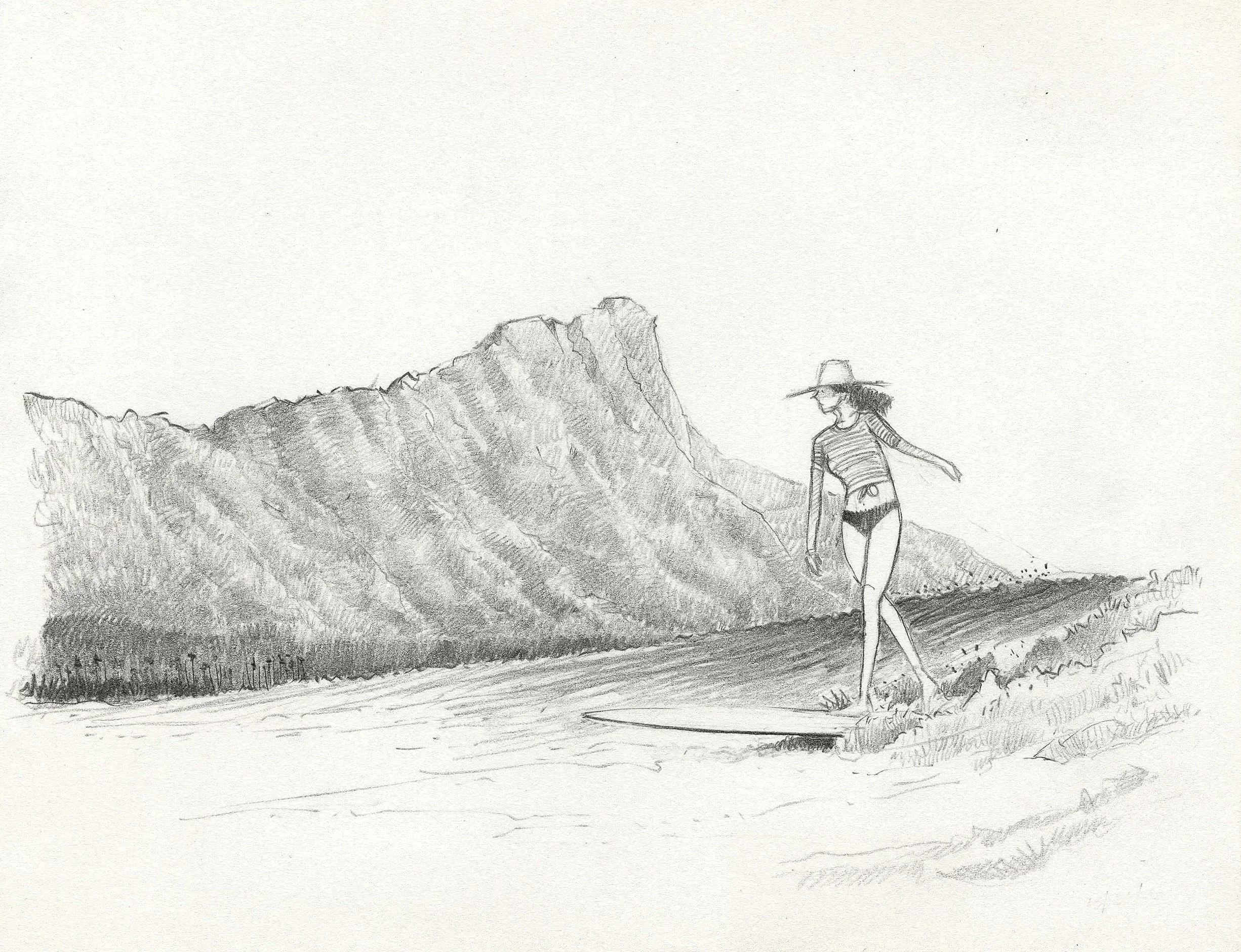 A person wearing a hat and striped shirt walking along the beach with mountains in the background, sketched in pencil.