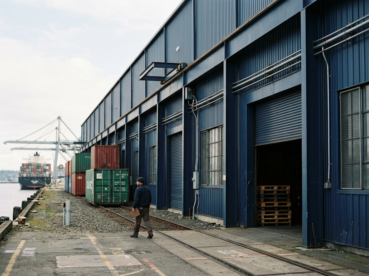 A man walking along a dock with shipping containers and a large cargo ship in the background, next to a blue industrial warehouse building.