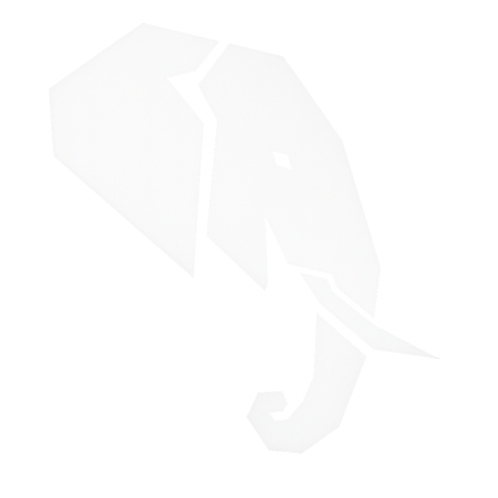 Black and white stylized elephant logo with angular design elements.