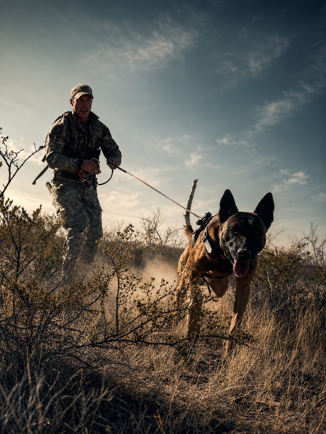 K-9 handler running with a working dog through dry brush during outdoor operational training at sunset.