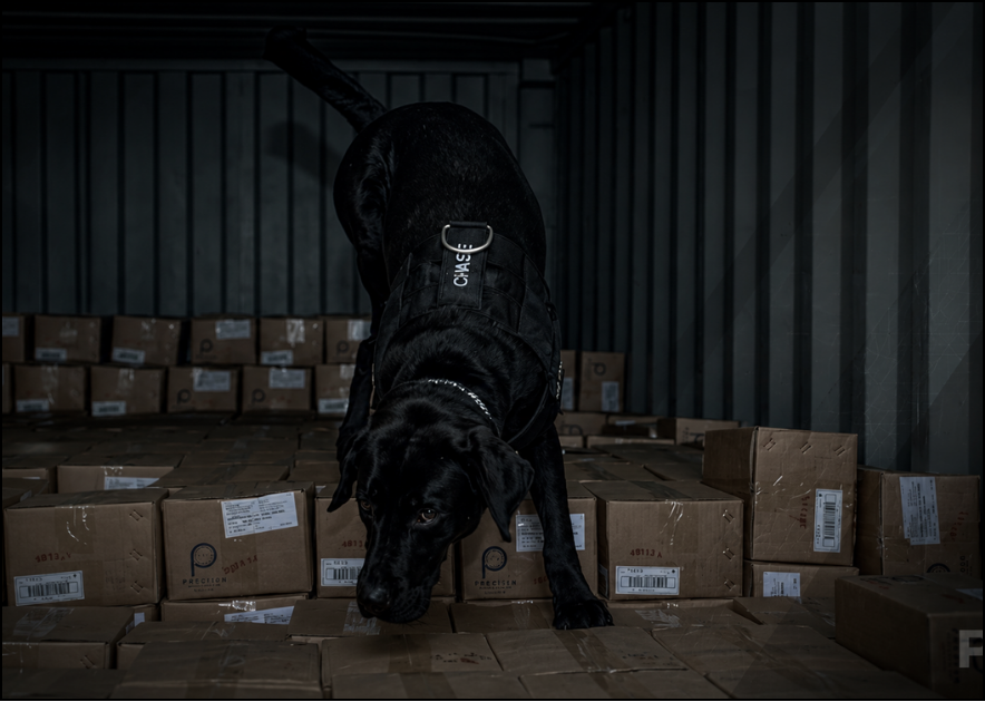 K-9 handler and working dog conducting a luggage detection search in an indoor operational environment.
