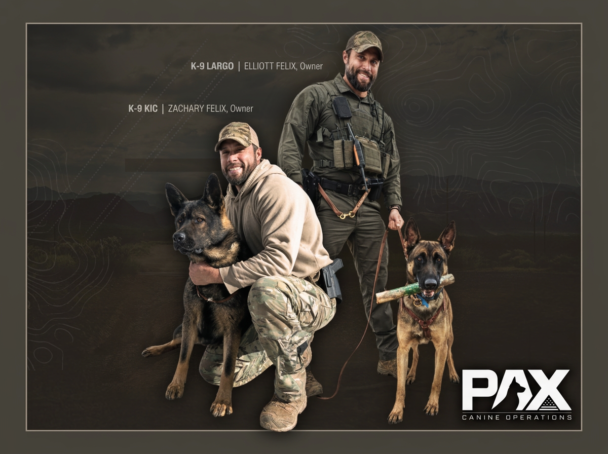 Two operational K-9 handlers with working dogs against a mountain backdrop beside the Pax Canine Operations logo.