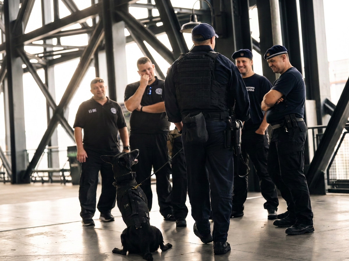 Group of police officers and a K-9 dog, wearing tactical gear, inside a large industrial structure.