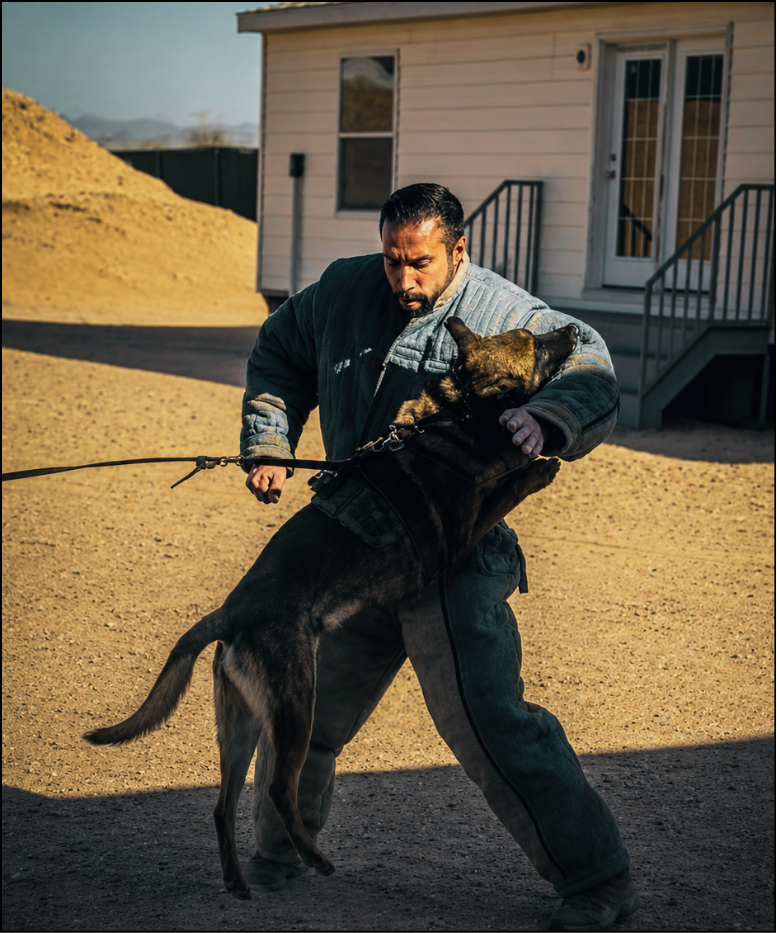 K-9 team conducting operational training with personnel in protective bite suits inside an industrial training structure.