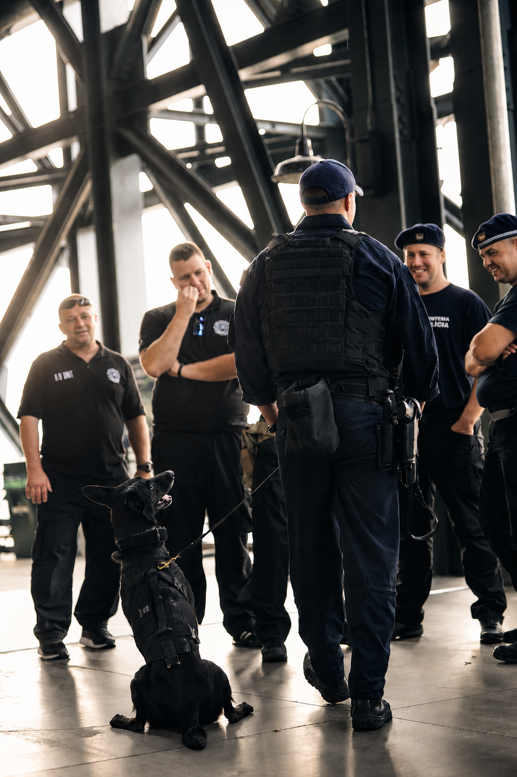 Group of police officers and a K-9 dog, wearing tactical gear, inside a large industrial structure.