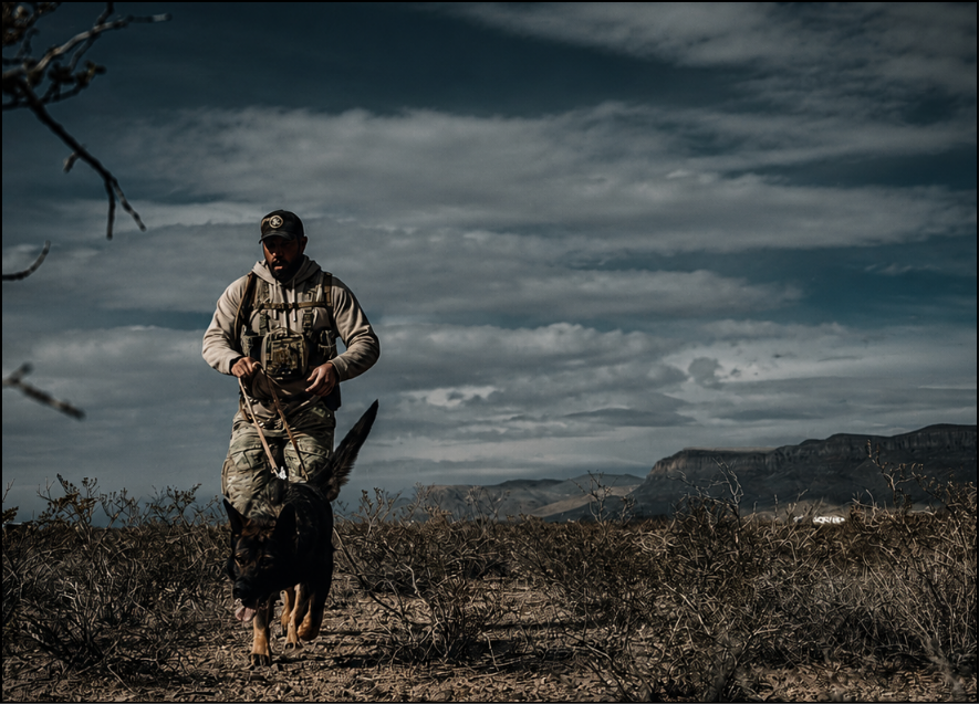 K-9 handler running with a working dog through dry brush during outdoor operational training at sunset, performing a search and rescue mission.