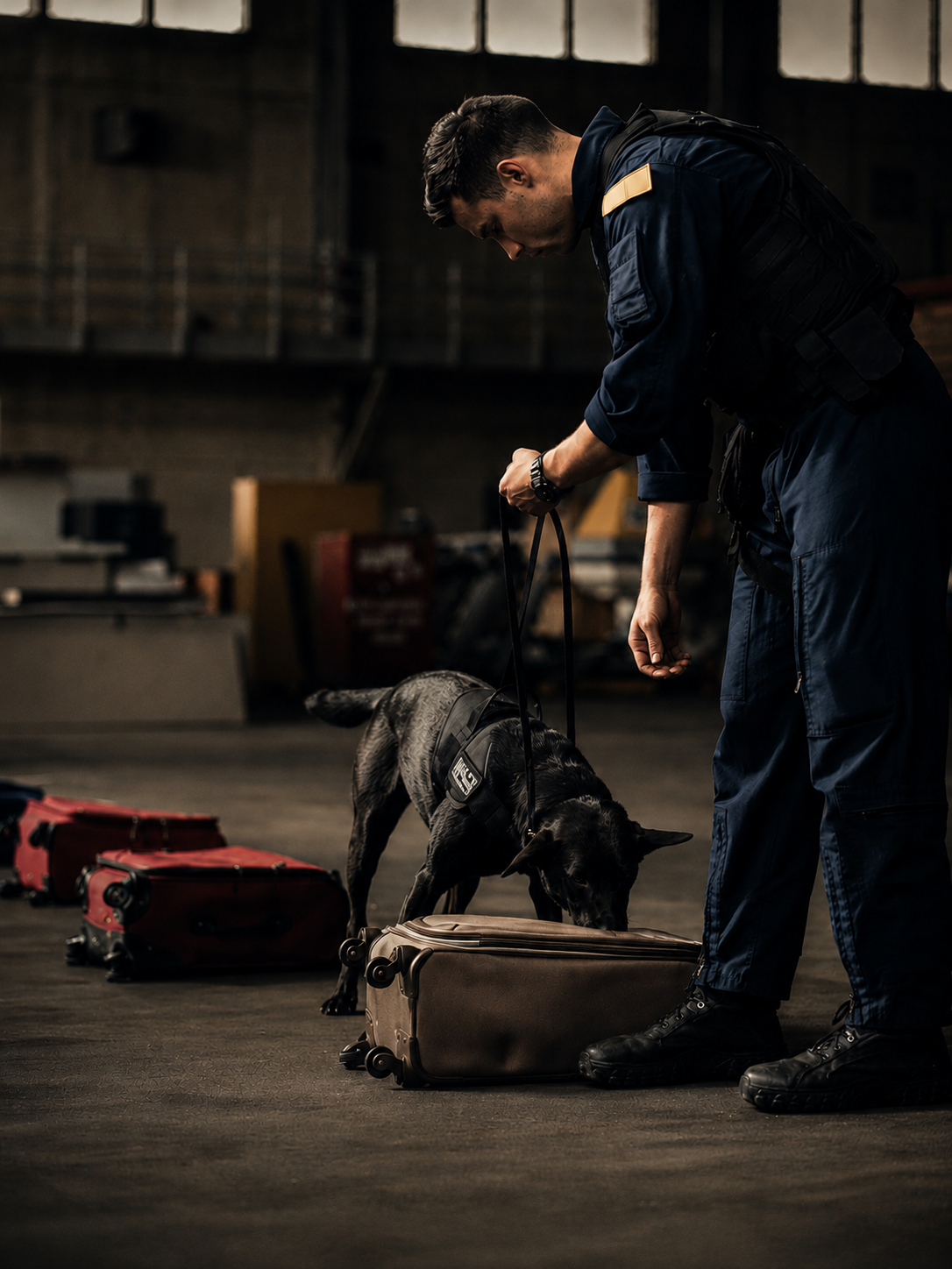 Working K-9 conducting a luggage detection search with a handler in an indoor training environment.