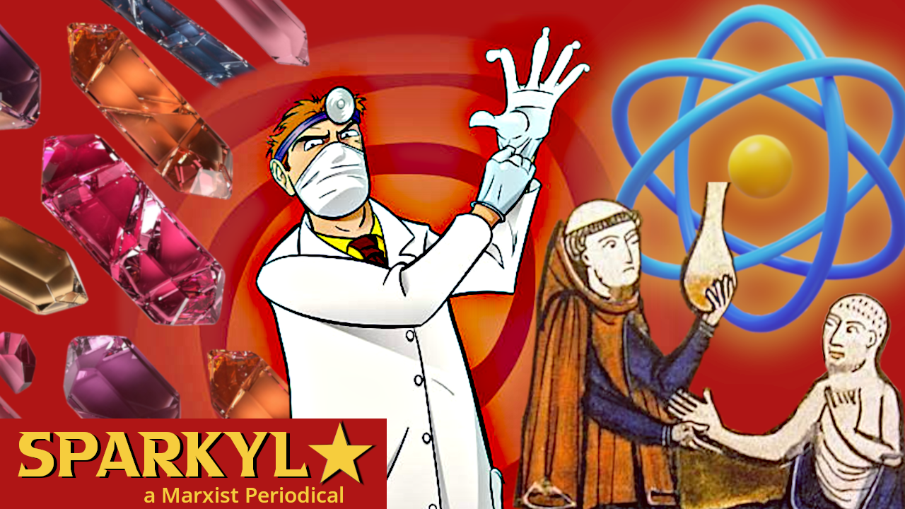 A scary doctor menacingly puts on gloves while crystals, a model of the atom, and a medieval physician are in the background.