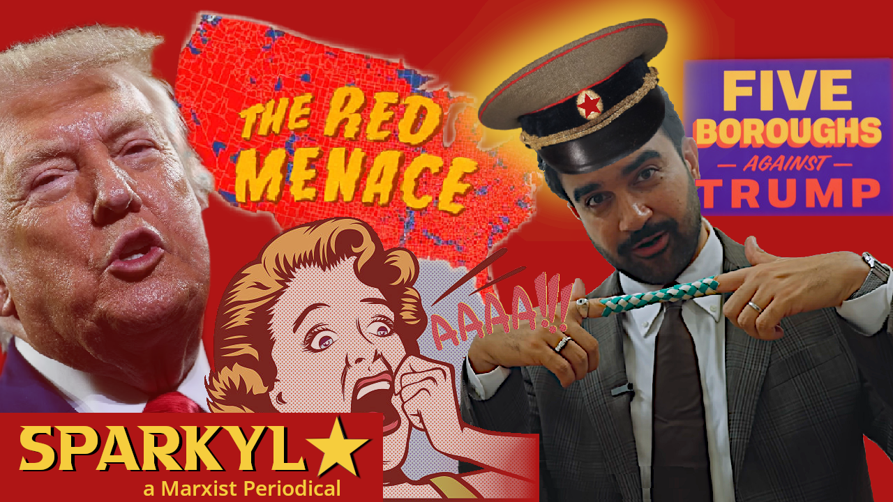 trump and a cartoon 50's housewife condemning the "red menance," Mamdani, who is depicted in a Soviet-style cap with his fingers stuck in a finger-trap.