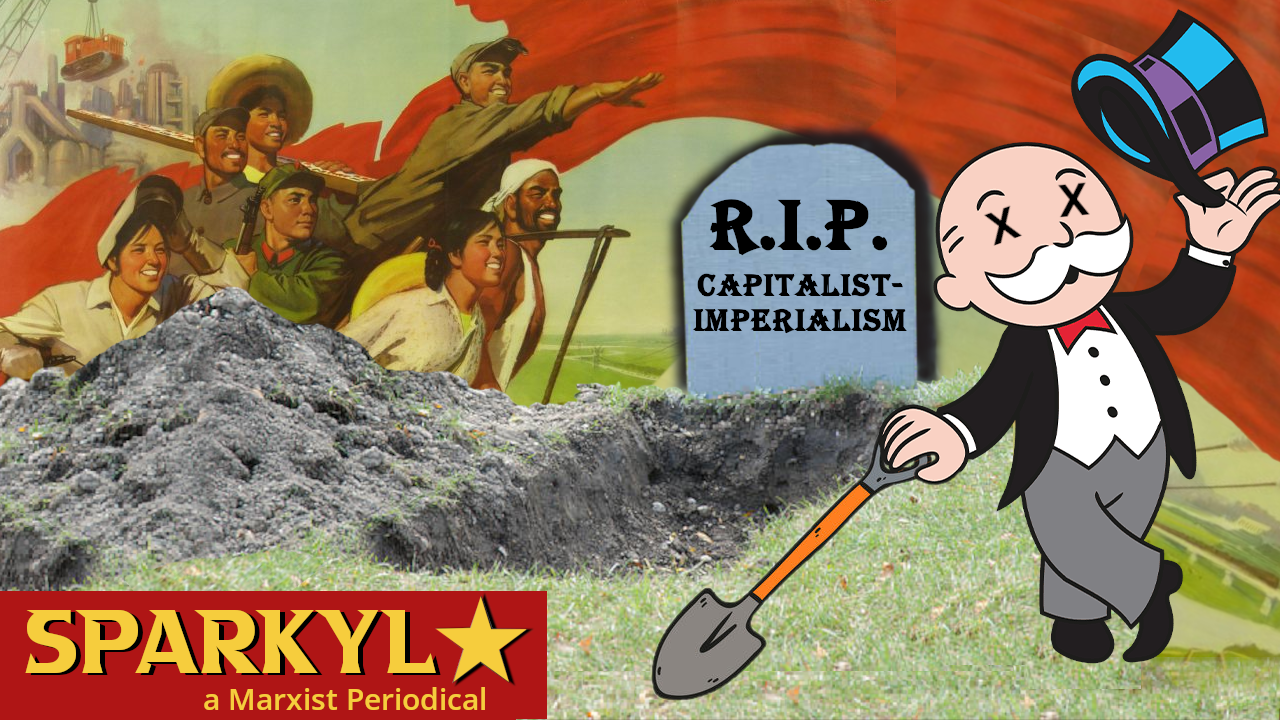 A monopoly-man tips his hat goodbye after digging his own grave as representatives of China's revolution look on and smile.