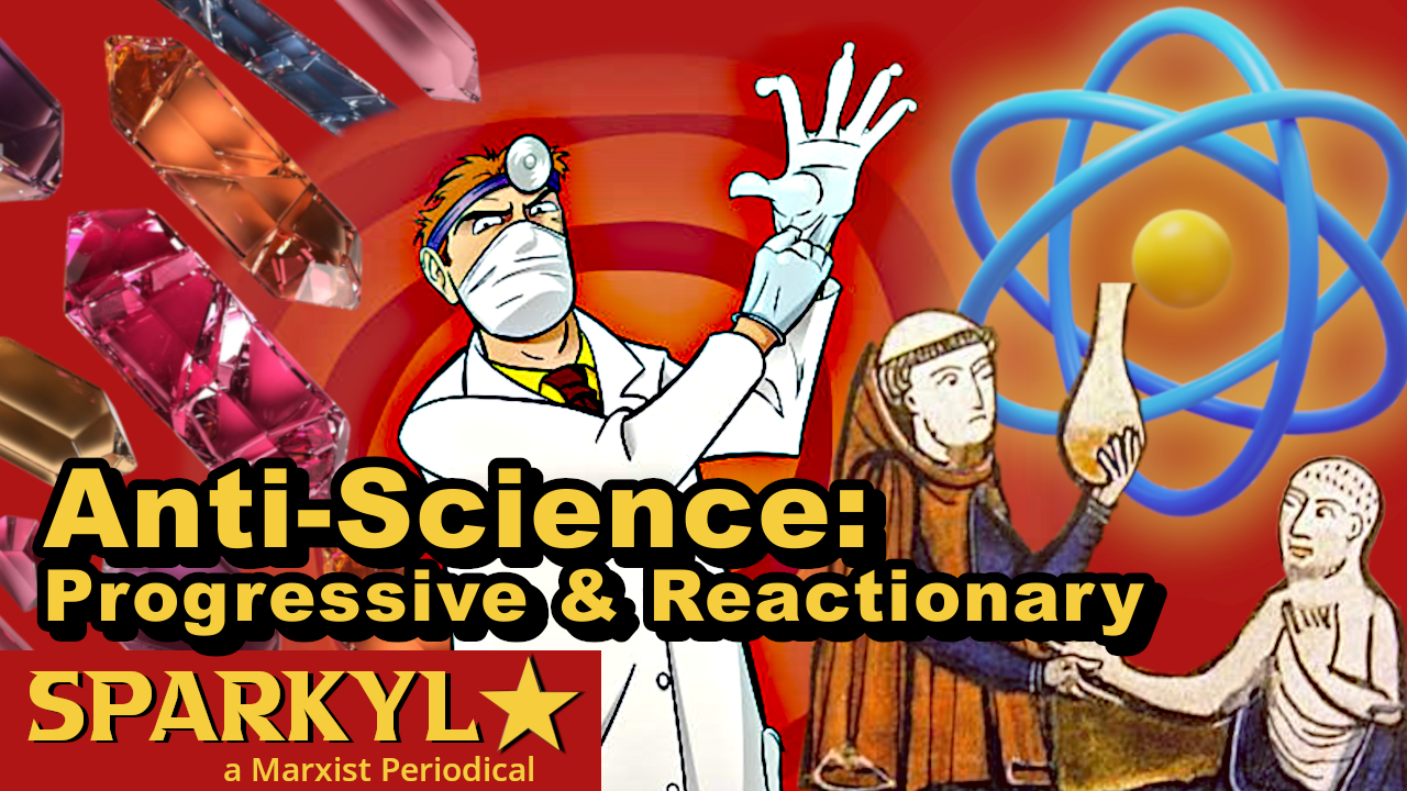 A scary doctor menacingly puts on gloves while crystals, a model of the atom, and a medieval physician are in the background.