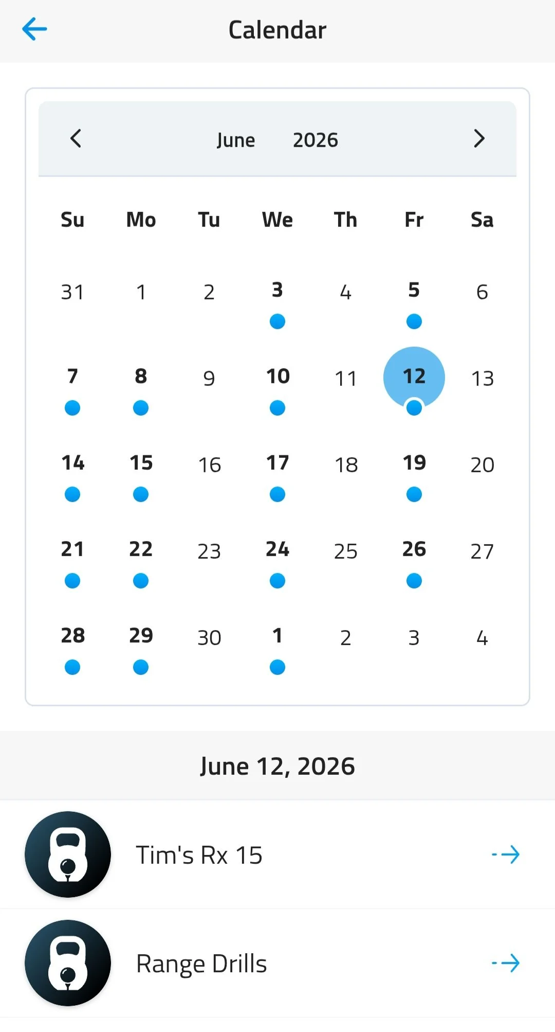 All your workouts can be viewed from the TPI app.