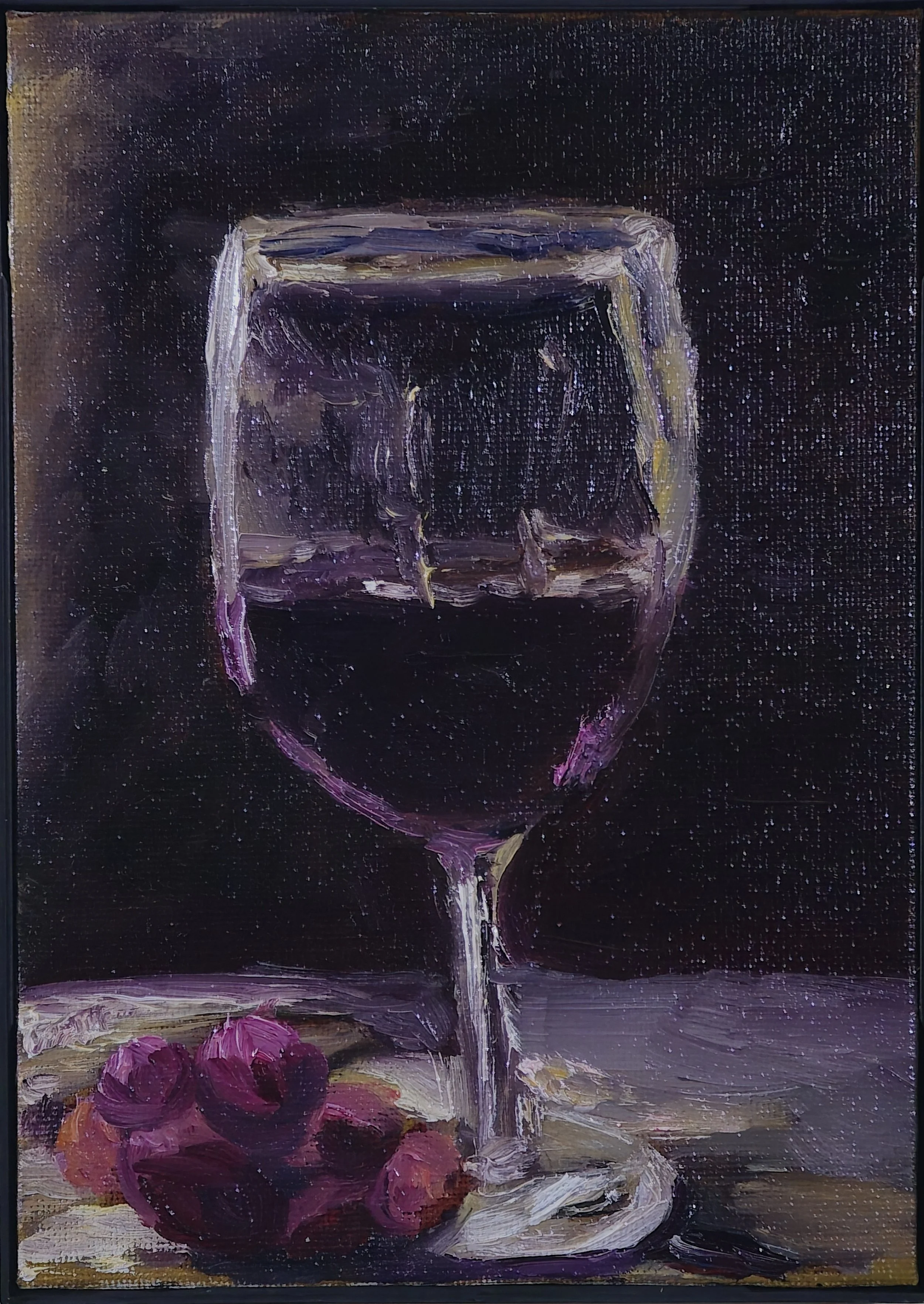Wine and grapes in darkness study, 5x7 oil on canvas