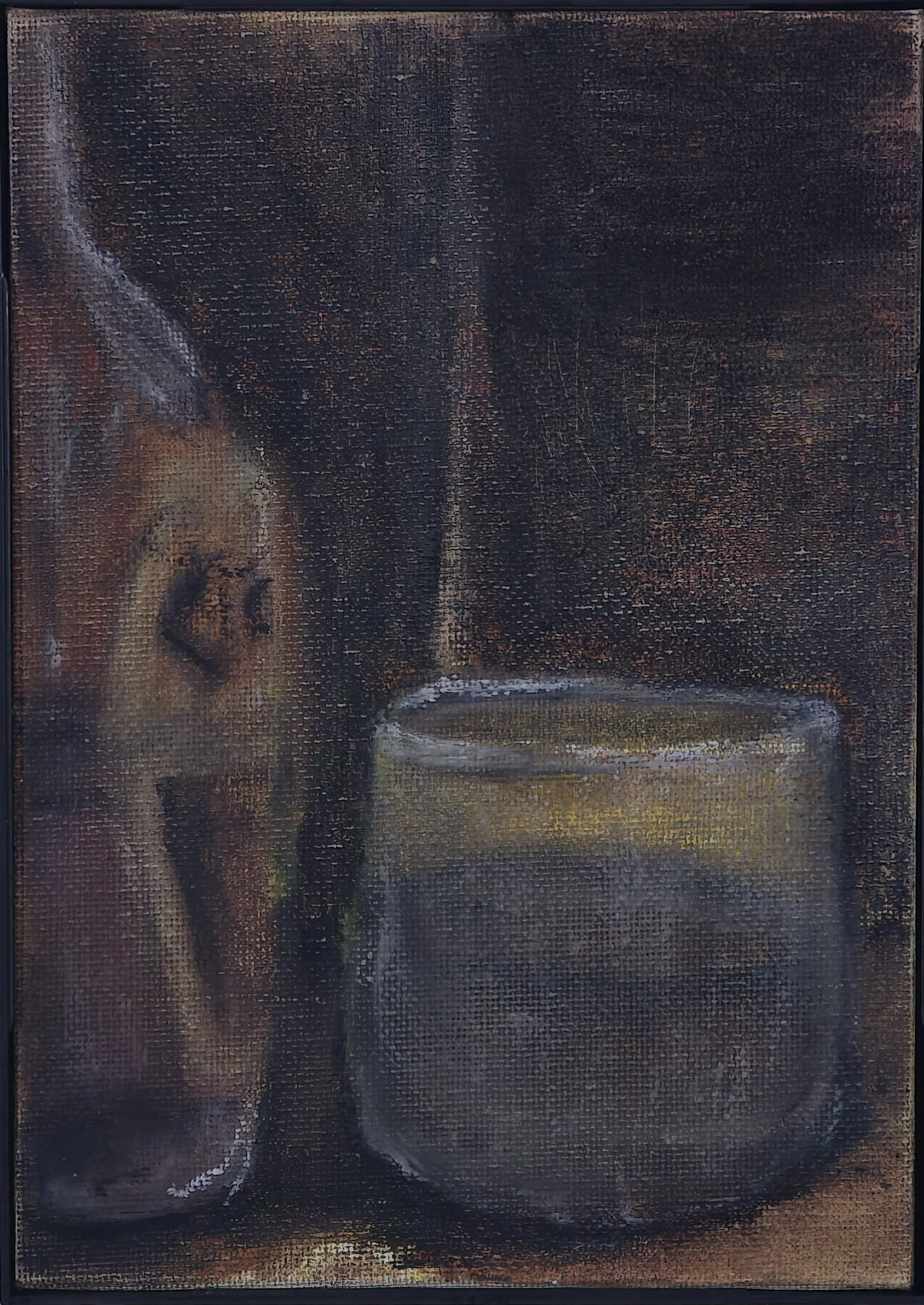 Bottle and shot glass still life sketch, mixed media on canvas
