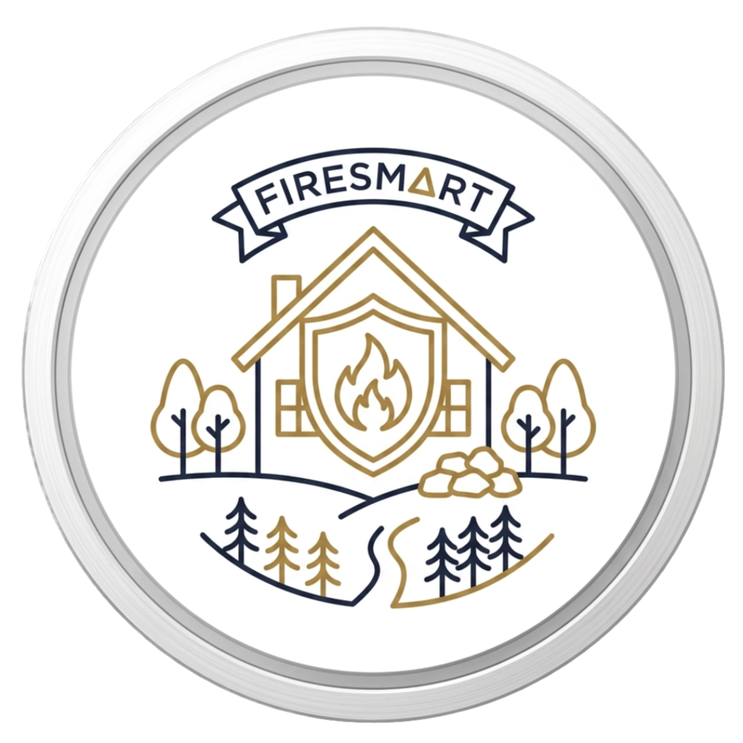 A circular logo with the words "FIRESMART" at the top, featuring a house with a fire shield emblem at the center, surrounded by trees, rocks, and a pathway.
