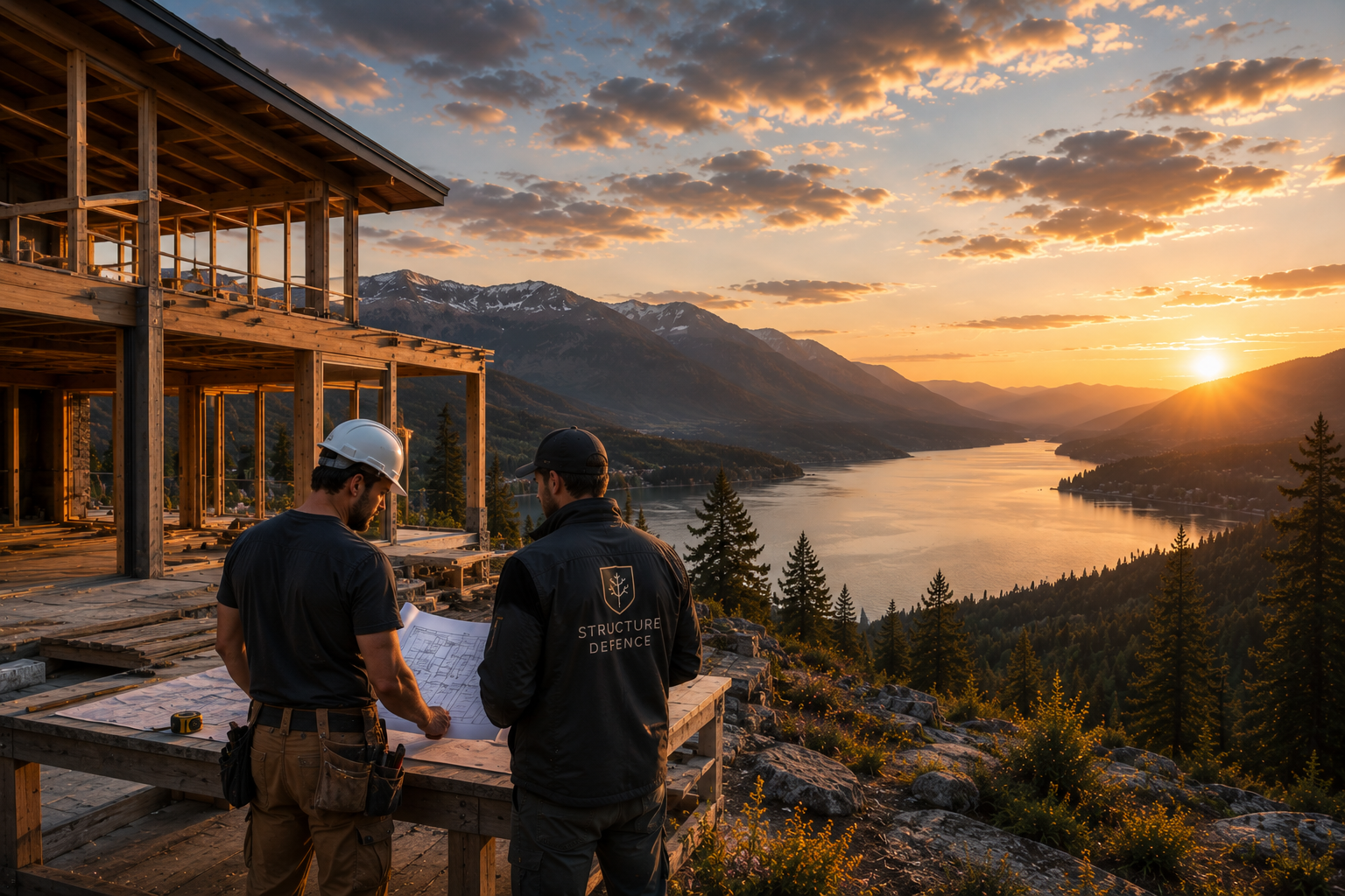 Two construction workers review blueprints at a building site overlooking a lake and mountains during sunset.