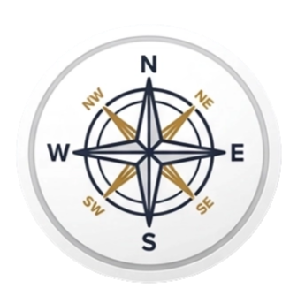 A close-up of a compass with cardinal directions N, E, S, W and intermediate directions NE, NW, SE, SW on a white face, with gold and black markings.
