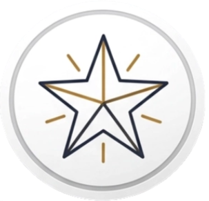 A circular badge or sticker with a star in the center, outlined in black and gold, with gold lines radiating from the star.
