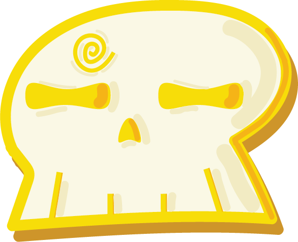 Cartoon skull with a spiral on the forehead and yellow outlines.