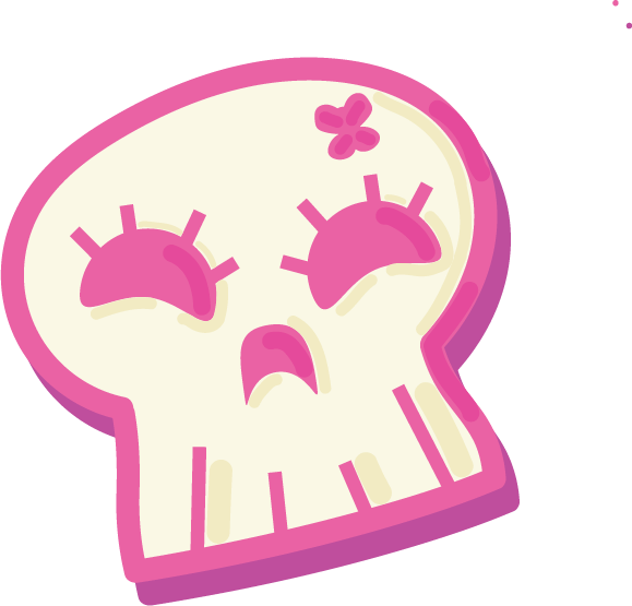 Cartoon-style skull with pink accents and eyelashes, with a small pink bow on top.