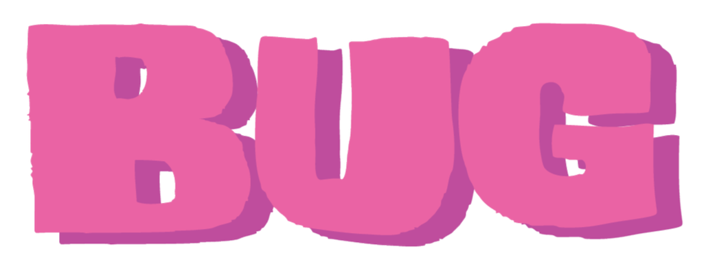Pink 3D text spelling 'BUG' with a green exclamation mark.