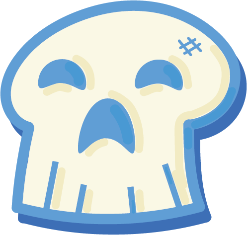 Cartoon skull with blue and beige colors and a stitched scar on the right side.