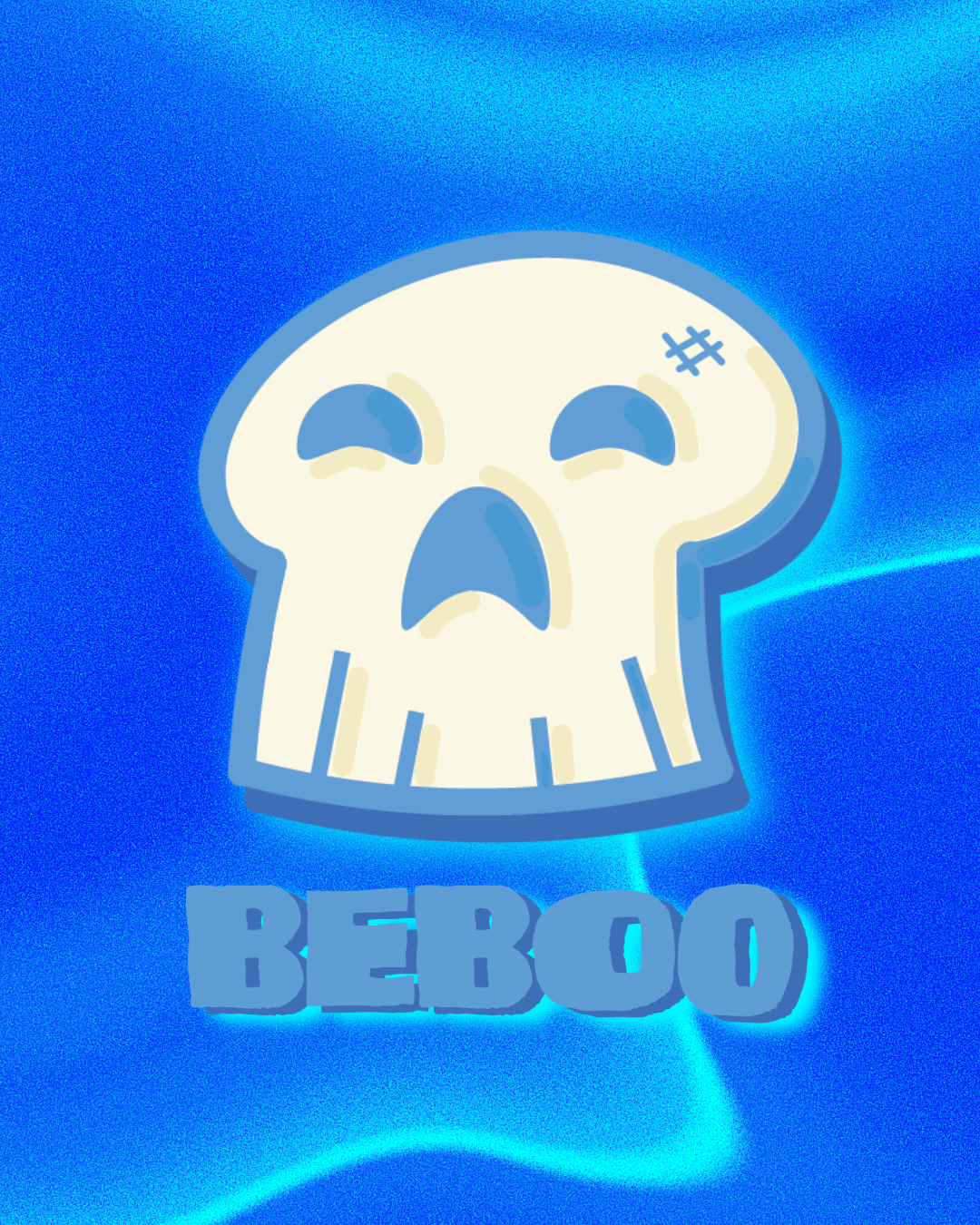 A cartoon skull with blue accents and the word BEBO underneath, set against a blue, glowing background.