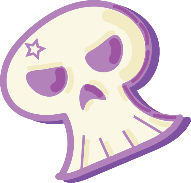 A cartoon-style skull with a small star near the eye socket, painted in shades of purple and cream.