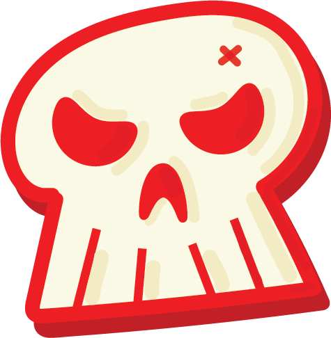 Cartoon skull with red eye sockets and a small red X on the forehead.