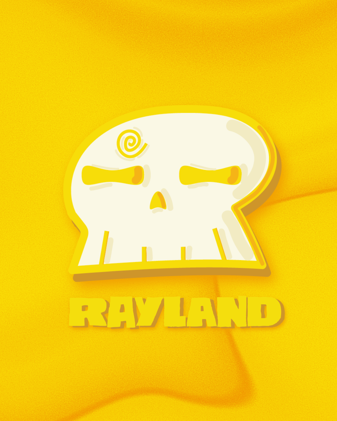 A yellow stylized skull with a spiral and crossed-out eyes, with the word 'RAYLAND' in bold yellow letters below on a yellow background.