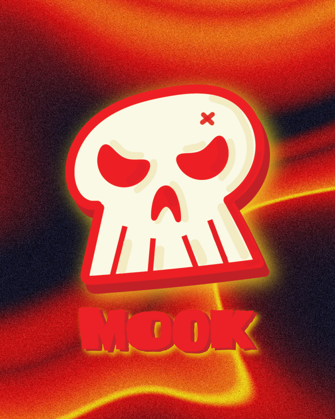 A cartoon-style skull with red eye sockets and a small cross scar on the forehead, surrounded by a yellow glow on a fiery orange and black background, with the word 'MOOK' in bold red letters beneath it.