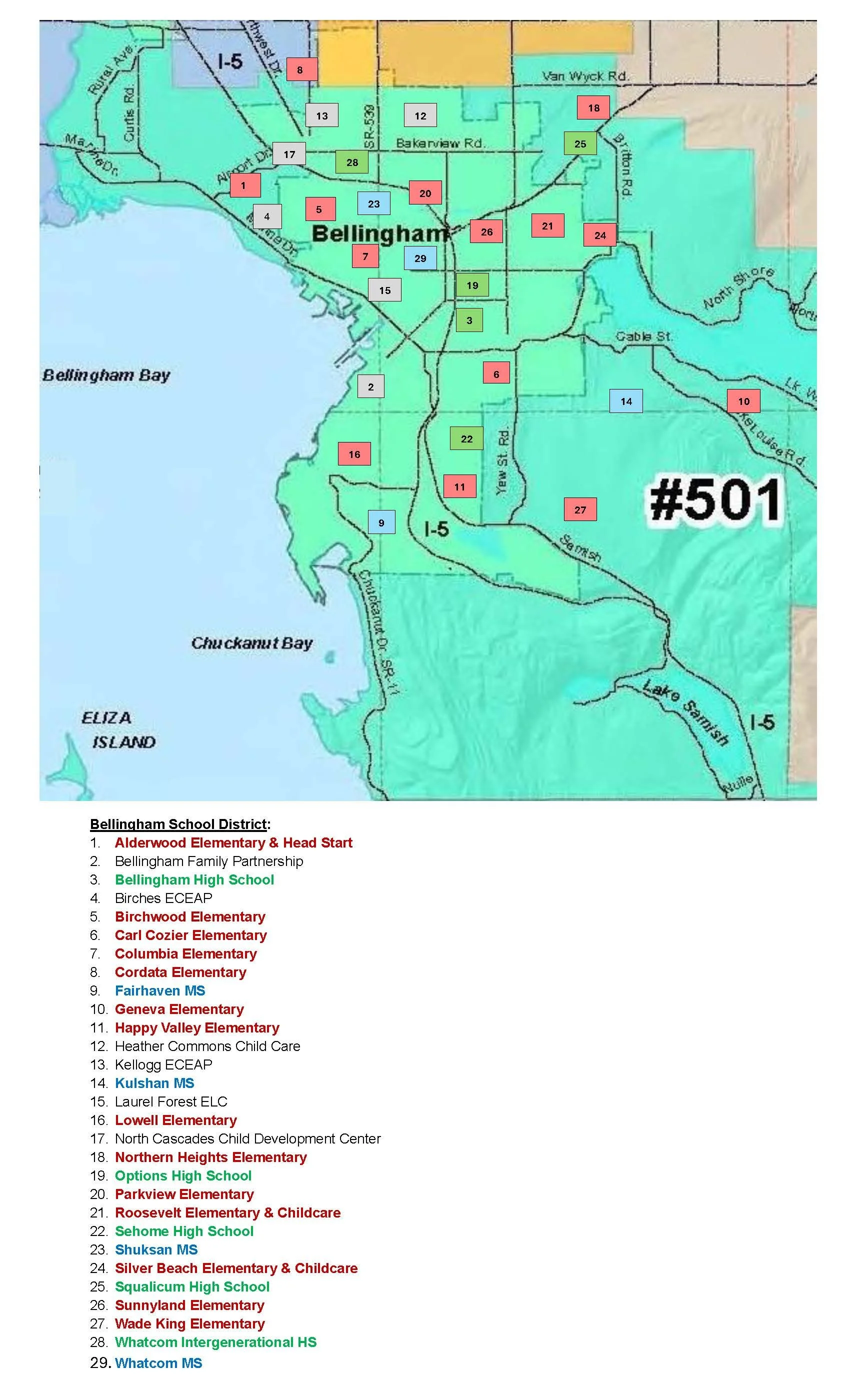 Map of Bellingham School District showing elementary, middle, and high schools with numbered labels and a legend listing school names.