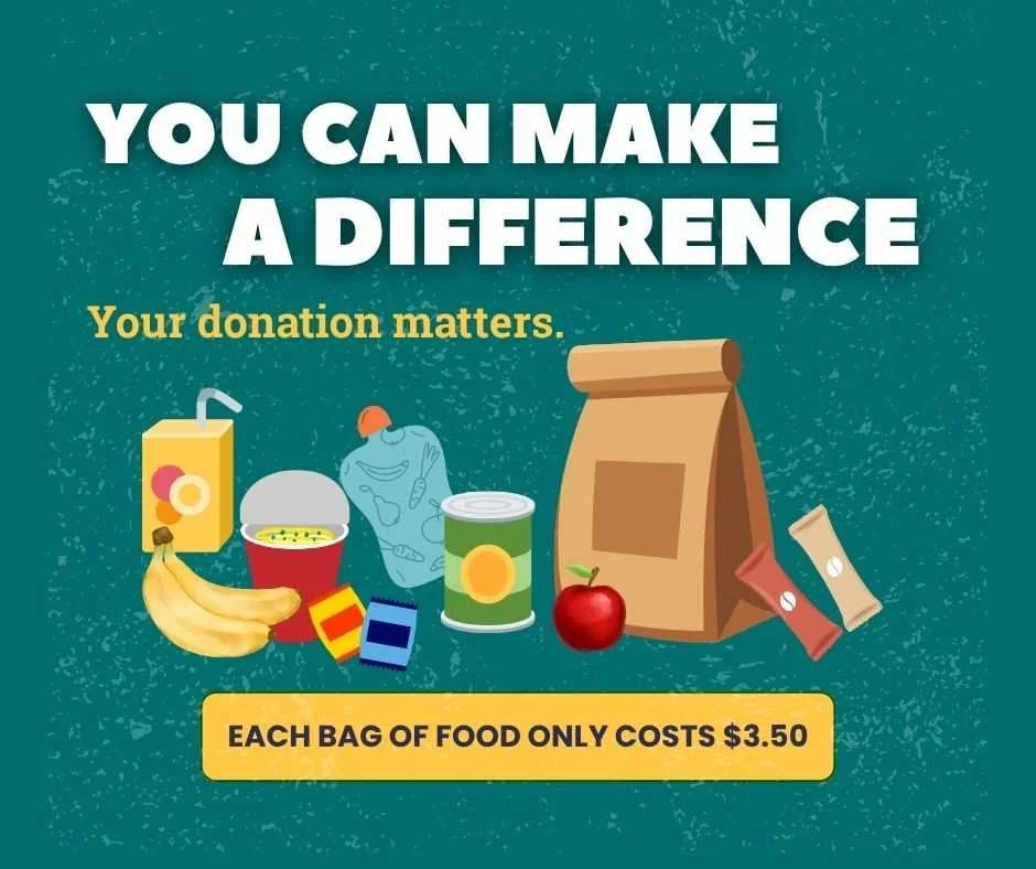 A promotional flyer with the headline 'You Can Make a Difference' and the subtext 'Your donation matters.' It shows illustrations of various food items including a juice box, banana, soup cup, canned food, apple, snack packs, and a paper bag, with a note indicating each bag of food costs $3.50.