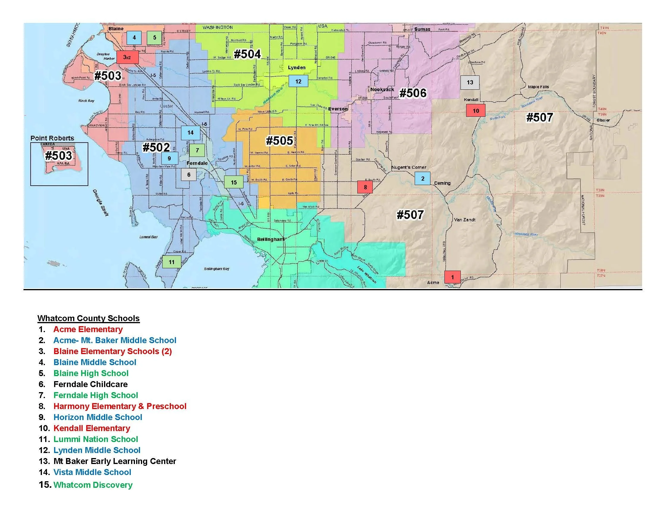 Map of Whatcom County with numbered and colored school locations, including elementary, middle, high schools, and early learning centers, with a legend listing school names.