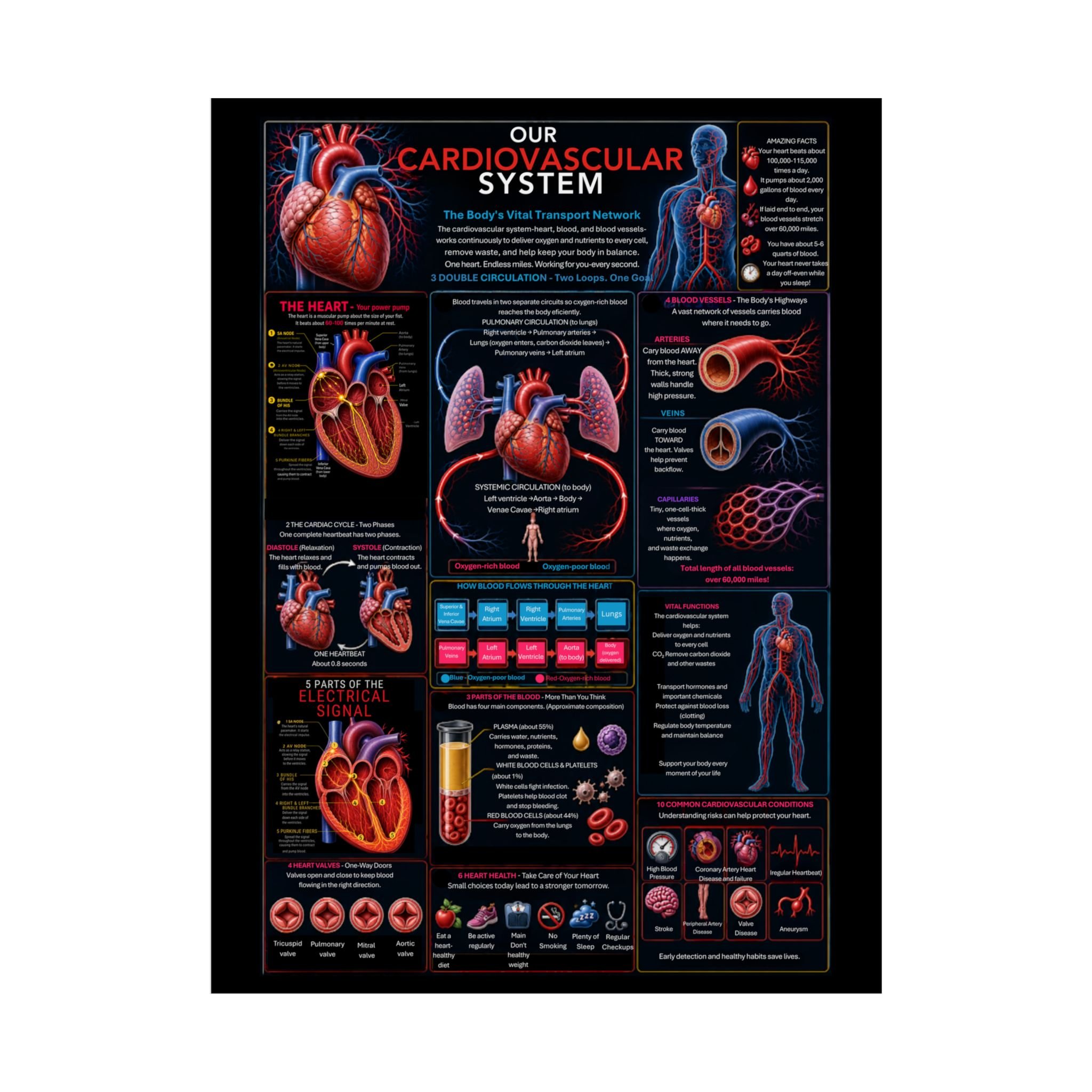 Cardiovascular System Digital Educational Poster | Printable Human Anatomy Chart | Heart, Blood Vessels & Circulation | NeuroKind