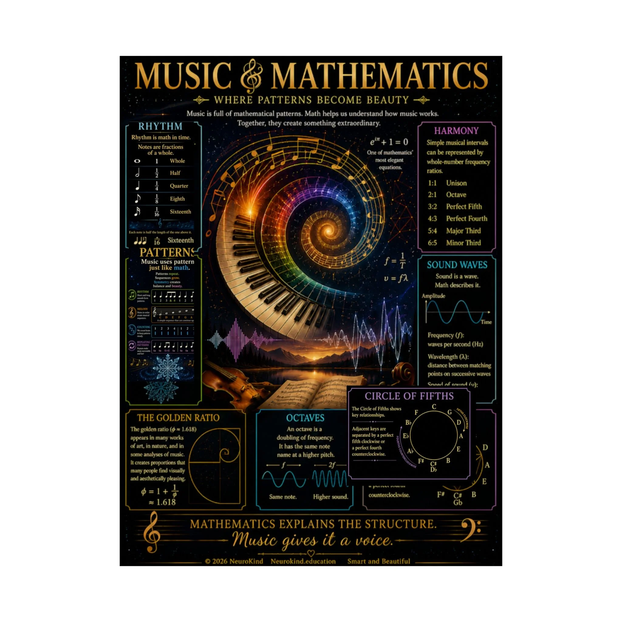 Music & Math Digital Educational Poster | Printable STEAM Classroom Chart | Rhythm, Fractions & Music Theory | NeuroKind