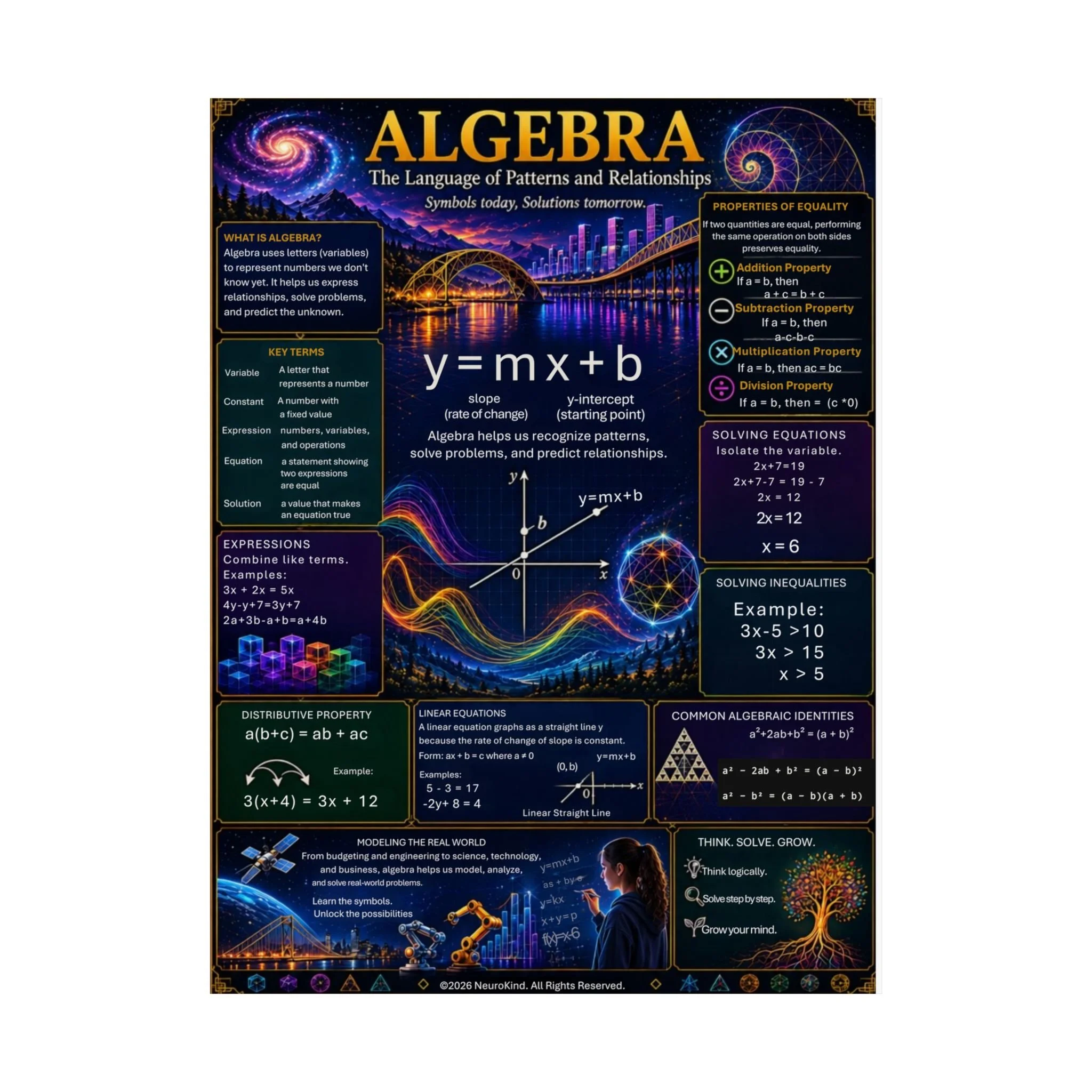 Algebra Educational Poster Digital Download | Printable Math Classroom Wall Art | Algebra Equations, Functions & Mathematical Patterns | PDF PNG | NeuroKind