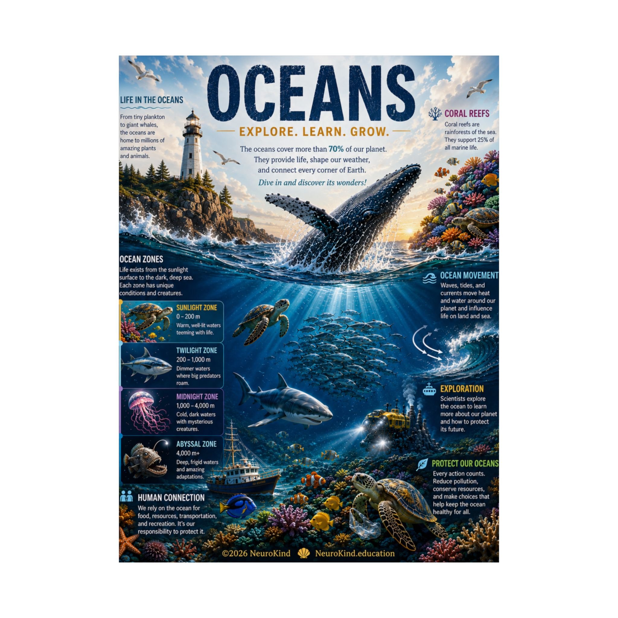 NeuroKind Oceans Educational Poster | Printable Digital Download