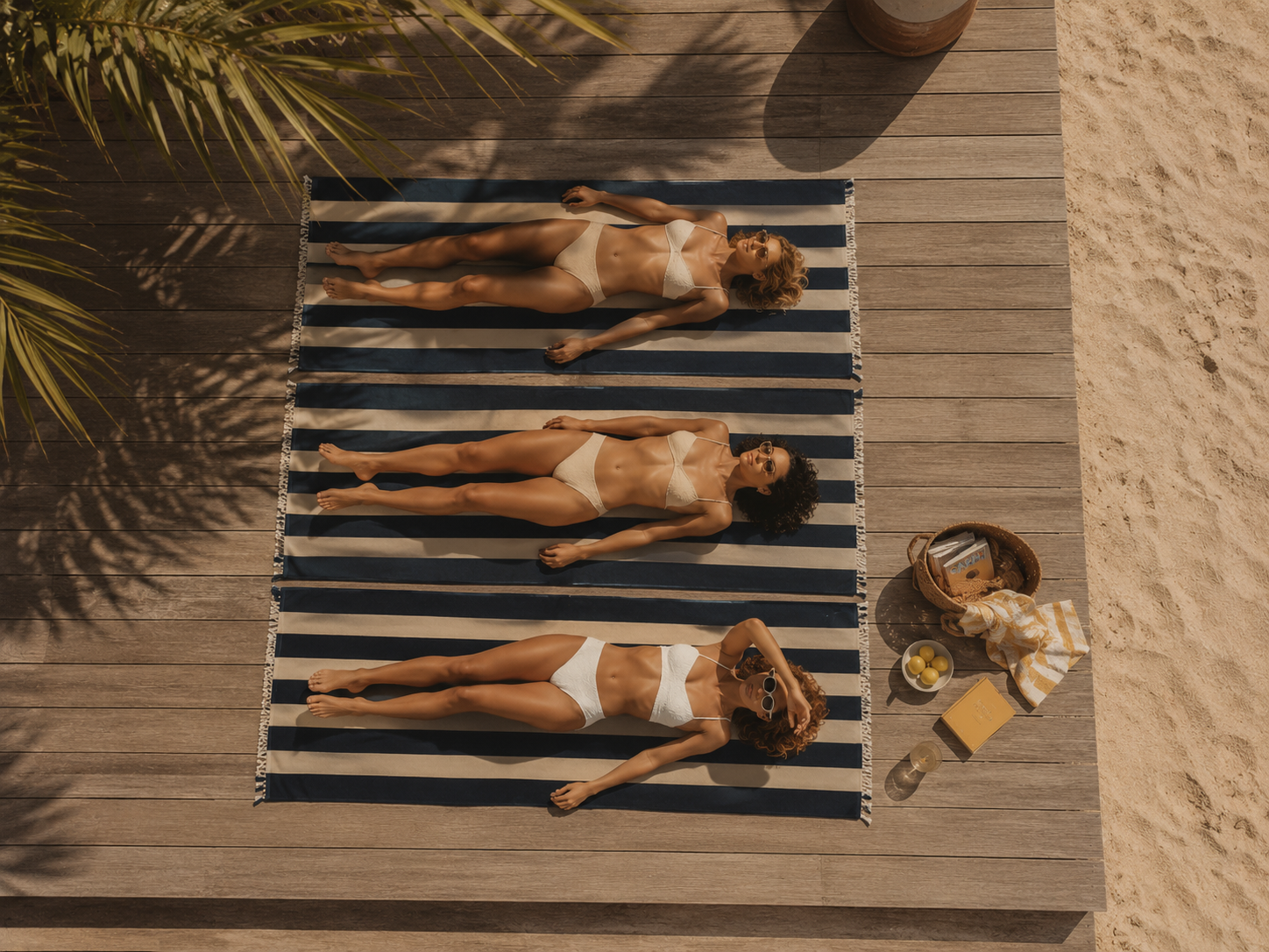 Three women lying on striped beach towels on a wooden deck near the sand, with a basket, bowl of lemons, book, and glasses nearby, during sunset.