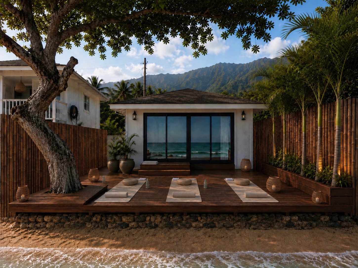 Beachside outdoor yoga area with white mats, round cushions, and lanterns, overlooking the ocean with a backdrop of mountains and lush greenery.