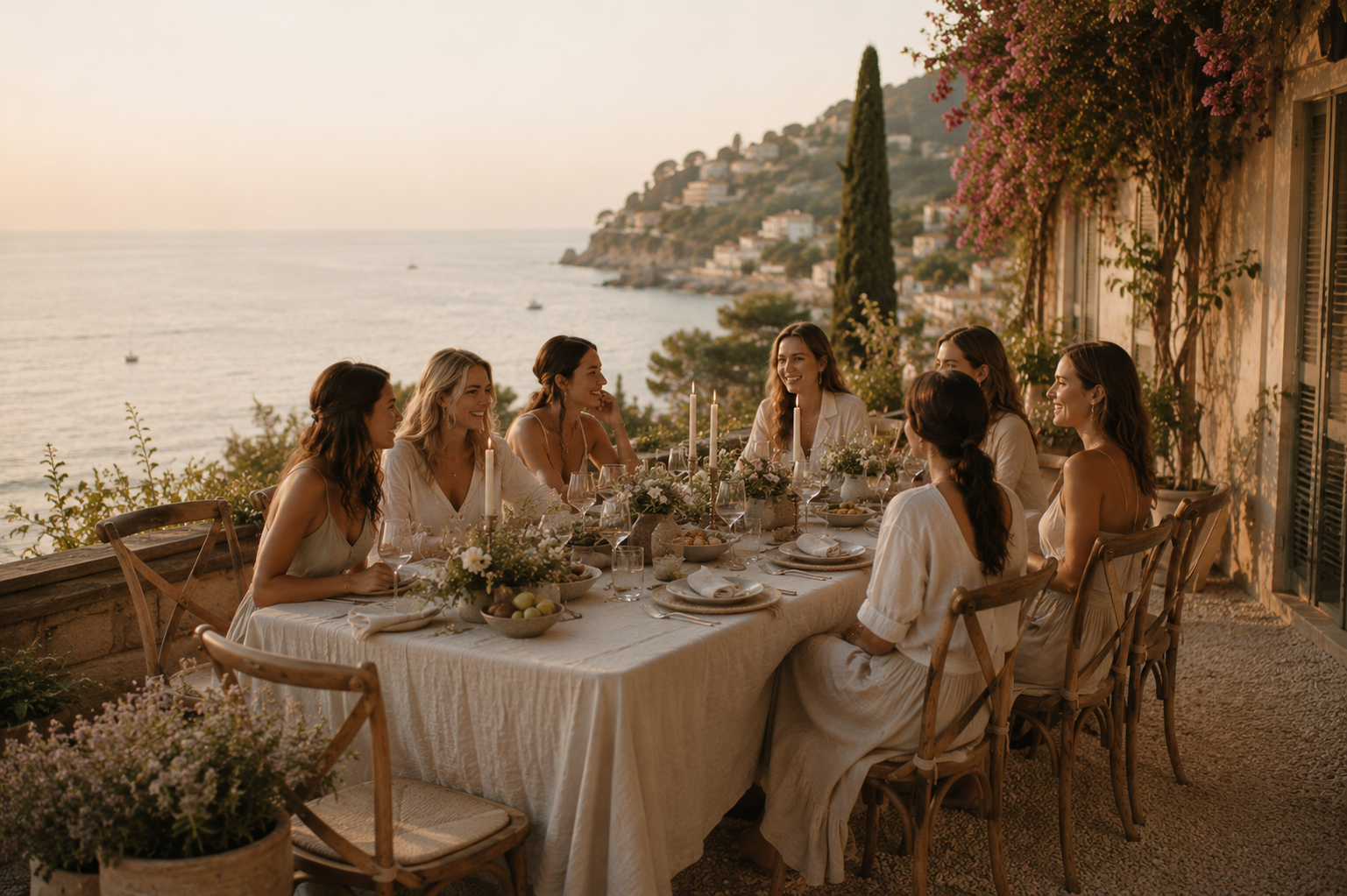 A group of women dining outdoors at a long table on a terrace overlooking the sea, with a hillside town in the background, during sunset.